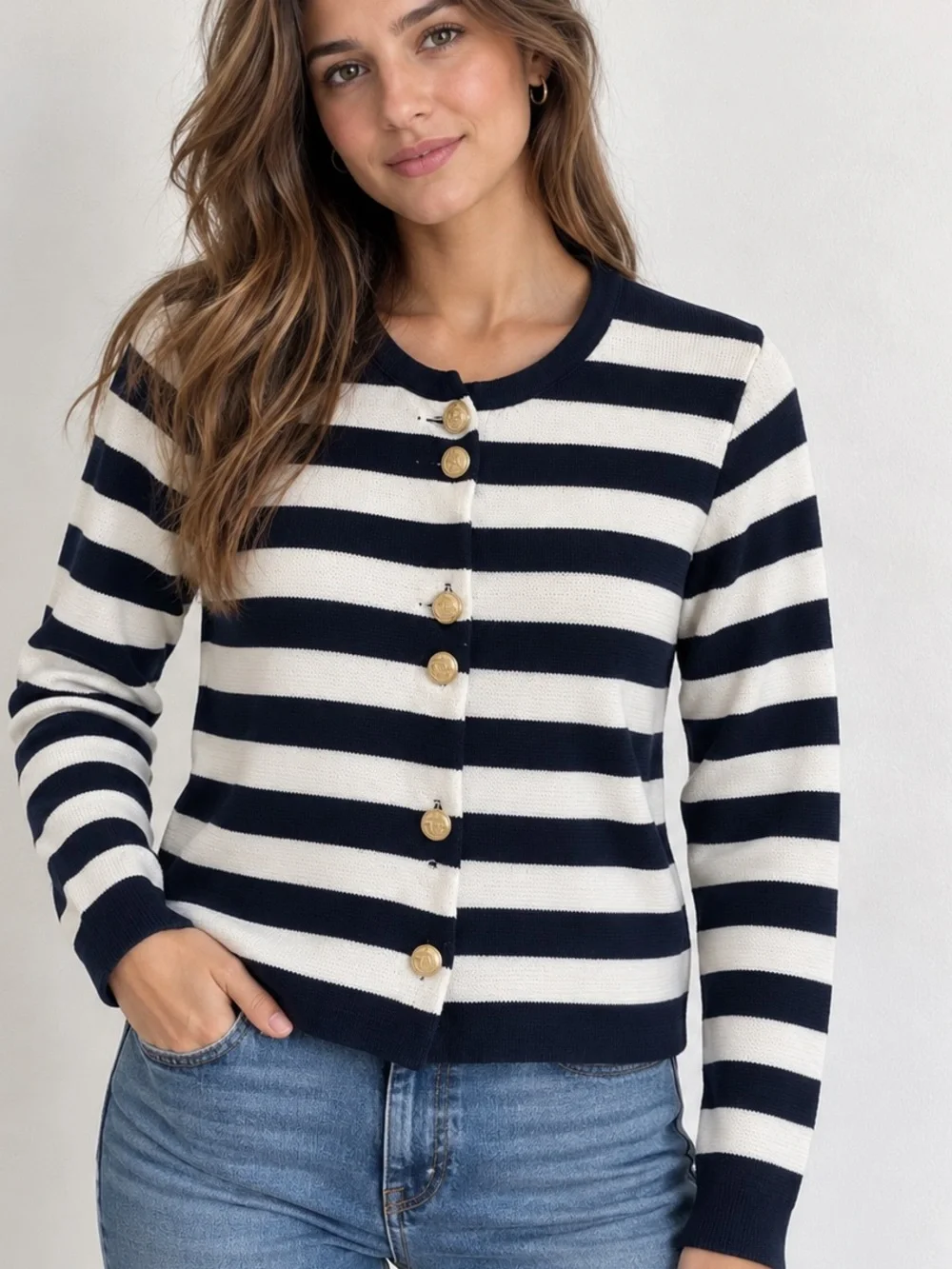 Zara Striped Gold Button Thick Knit Cardigan L Navy Ivory Cotton Blend Nautica